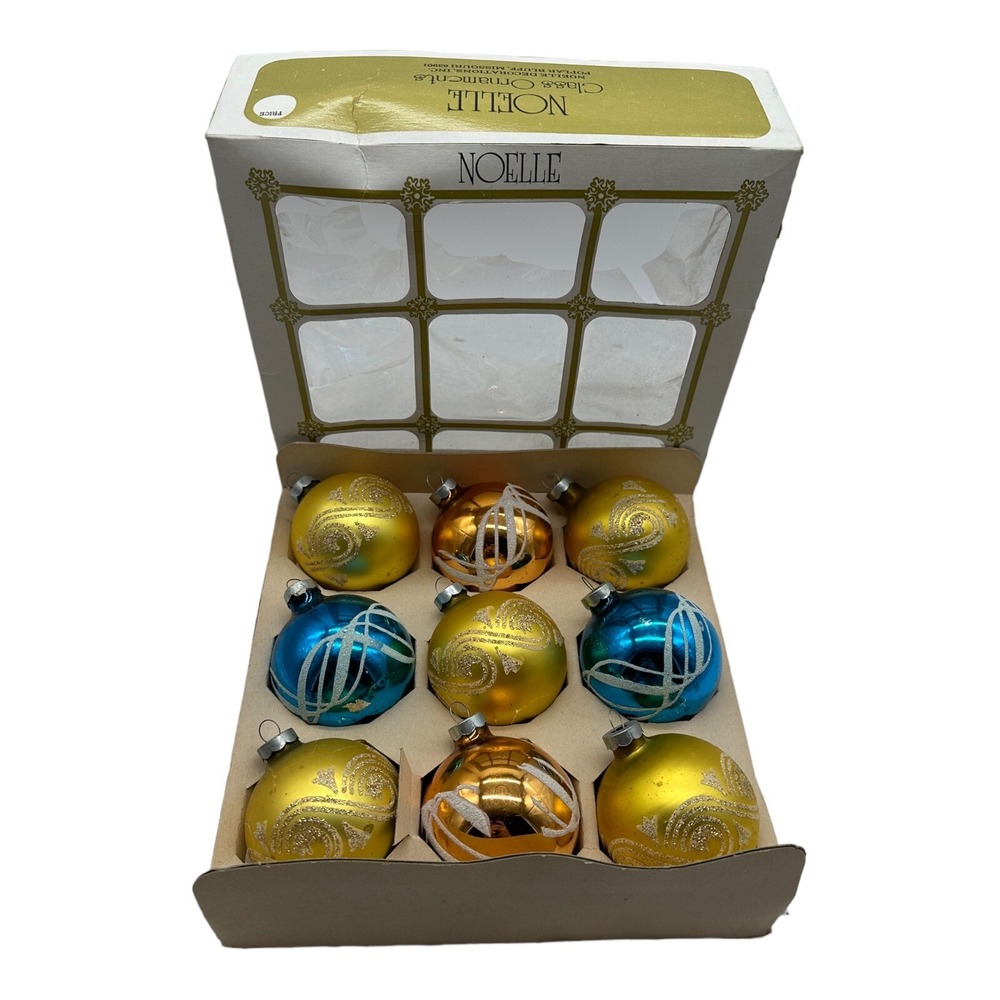 Box 9 VTG Noelle Christmas Glass Ball Ornaments 2 5/8" Ball Stenciled Glitter.‎